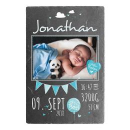 Geschenk zur Geburt eines Babys Schieferschild mit Foto - 20 x 30 cm - Design für Jungen